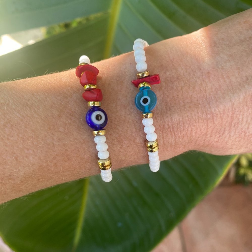 Evil Eye Bracelet Good Luck Lucky Protection Beaded Red Coal & Blue & White NEW